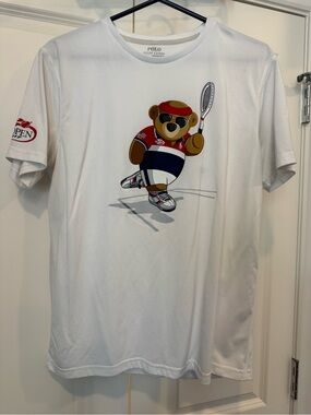 RARE Polo Ralph Lauren Tennis Polo Bear White DriFit T-Shirt "2017 US Open” Med